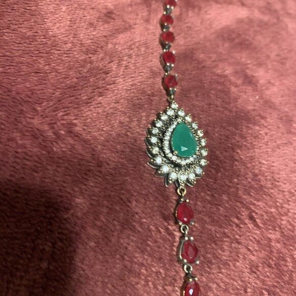 Womens Persian Style Gem Rhinestone Red Green Silver Bracelet - Picture 6 of 9